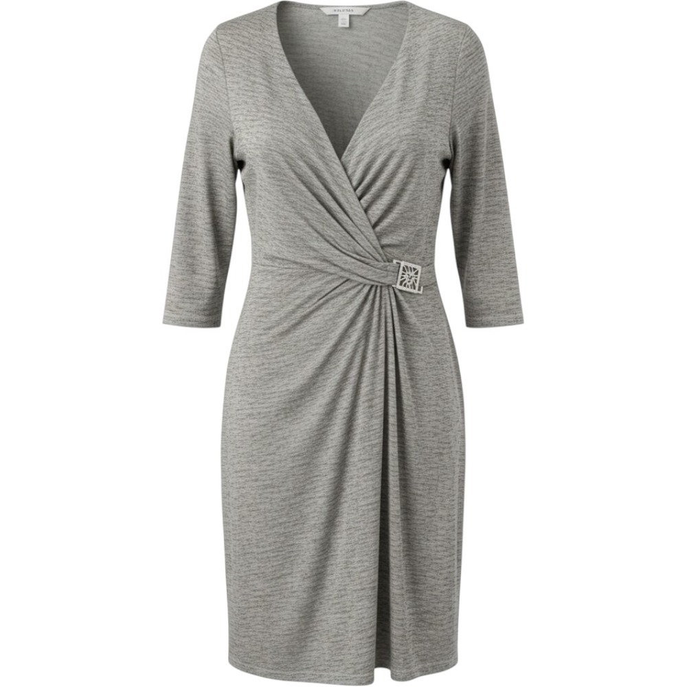 Anne Klein Grey Marl Faux Wrap Sheath Dress Silver Lion Buckle Sz L